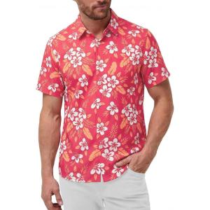 image:imageKYKU Mens Hawaiian Shirts Short Sleeve Button Down Summer Vacation Beach Shirts Pleated Back with PocketBrick Red White Hibiscus