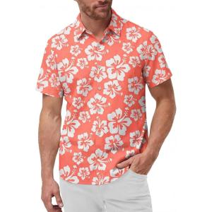 image:imageKYKU Mens Hawaiian Shirts Short Sleeve Button Down Summer Vacation Beach Shirts Pleated Back with PocketCoral White Hibiscus