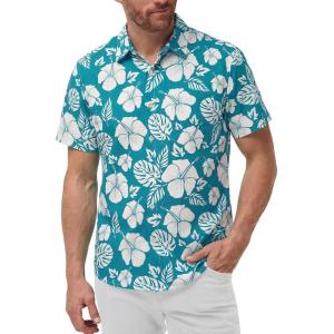 image:imageKYKU Mens Hawaiian Shirts Short Sleeve Button Down Summer Vacation Beach Shirts Pleated Back with PocketCyan Blue White Hibiscus