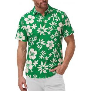 image:imageKYKU Mens Hawaiian Shirts Short Sleeve Button Down Summer Vacation Beach Shirts Pleated Back with PocketGreen White Hibiscus