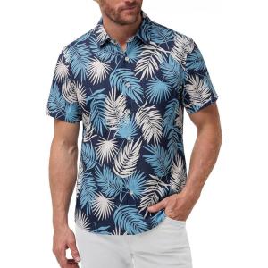 image:imageKYKU Mens Hawaiian Shirts Short Sleeve Button Down Summer Vacation Beach Shirts Pleated Back with PocketNavy Blue Palm Leaf