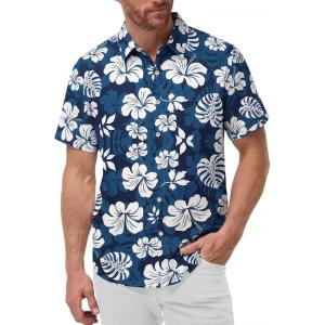 image:imageKYKU Mens Hawaiian Shirts Short Sleeve Button Down Summer Vacation Beach Shirts Pleated Back with PocketNavy Blue White Floral