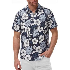 image:imageKYKU Mens Hawaiian Shirts Short Sleeve Button Down Summer Vacation Beach Shirts Pleated Back with PocketNavy Blue White Hibiscus