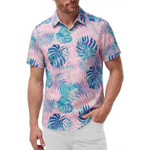 image:imageKYKU Mens Hawaiian Shirts Short Sleeve Button Down Summer Vacation Beach Shirts Pleated Back with PocketPink Blue Tropical Leaf