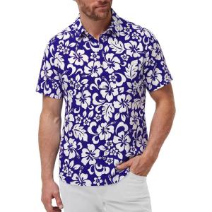 image:imageKYKU Mens Hawaiian Shirts Short Sleeve Button Down Summer Vacation Beach Shirts Pleated Back with PocketRoyal Blue White Flower