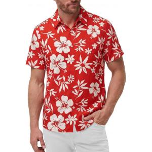 image:imageKYKU Mens Hawaiian Shirts Short Sleeve Button Down Summer Vacation Beach Shirts Pleated Back with PocketRust Red White Hibiscus