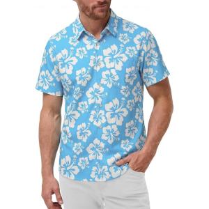 image:imageKYKU Mens Hawaiian Shirts Short Sleeve Button Down Summer Vacation Beach Shirts Pleated Back with PocketSky Blue White Hibiscus