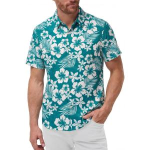 image:imageKYKU Mens Hawaiian Shirts Short Sleeve Button Down Summer Vacation Beach Shirts Pleated Back with PocketTeal Blue White Floral