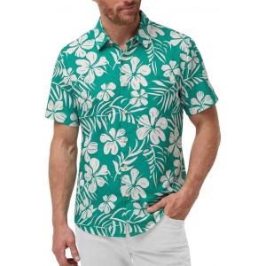 image:imageKYKU Mens Hawaiian Shirts Short Sleeve Button Down Summer Vacation Beach Shirts Pleated Back with PocketTeal White Floral