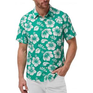 image:imageKYKU Mens Hawaiian Shirts Short Sleeve Button Down Summer Vacation Beach Shirts Pleated Back with PocketTeal White Hibiscus