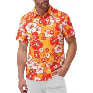 image:imageKYKU Mens Hawaiian Shirts Short Sleeve Button Down Summer Vacation Beach Shirts Pleated Back with PocketYellow Hibiscus Flower