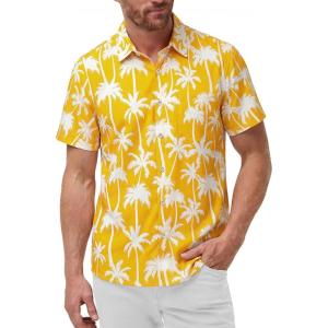 image:imageKYKU Mens Hawaiian Shirts Short Sleeve Button Down Summer Vacation Beach Shirts Pleated Back with PocketYellow White Palm Tree