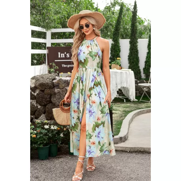 KILIG Women 2024 Summer Maxi Dress Casual Floral Halter Neck Beach Hawaiian Outfits Wedding Guest Dress