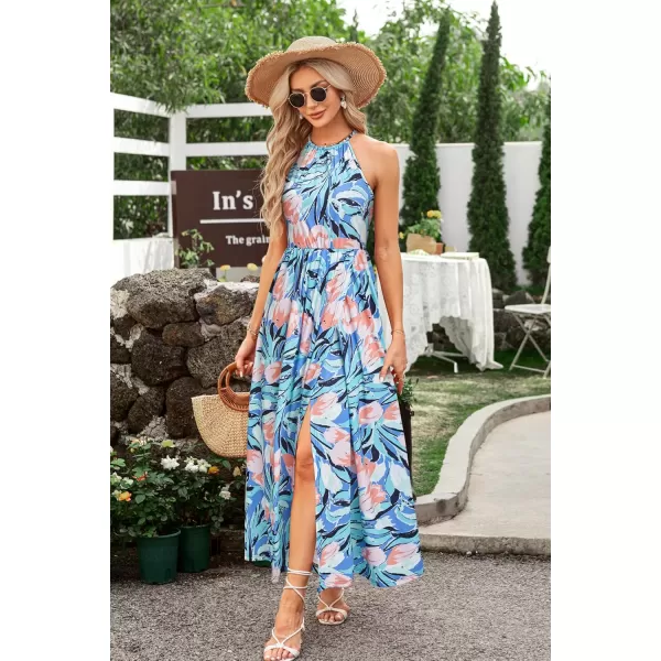 KILIG Women 2024 Summer Maxi Dress Casual Floral Halter Neck Beach Hawaiian Outfits Wedding Guest Dress