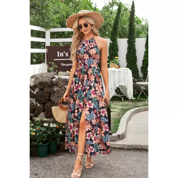 KILIG Women 2024 Summer Maxi Dress Casual Floral Halter Neck Beach Hawaiian Outfits Wedding Guest Dress