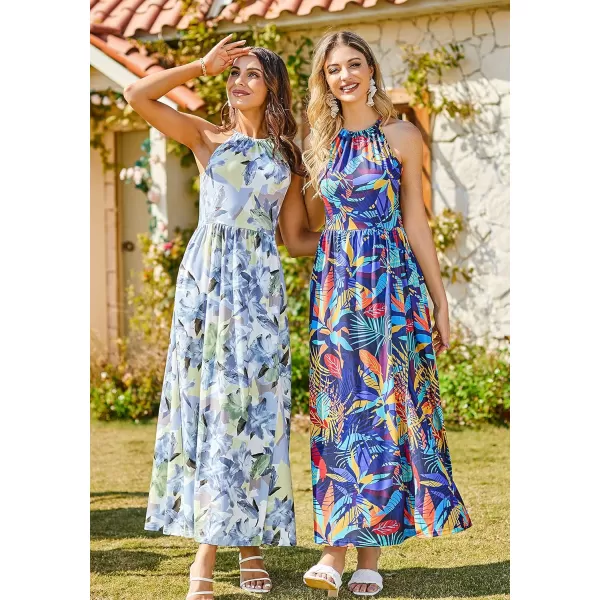 KILIG Women 2024 Summer Maxi Dress Casual Floral Halter Neck Beach Hawaiian Outfits Wedding Guest Dress