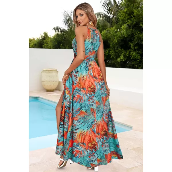 KILIG Women 2024 Summer Maxi Dress Casual Floral Halter Neck Beach Hawaiian Outfits Wedding Guest Dress