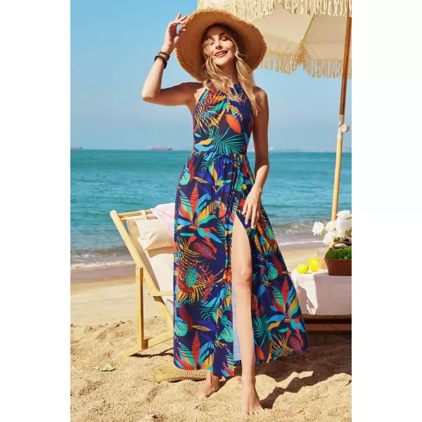 KILIG Women 2024 Summer Maxi Dress Casual Floral Halter Neck Beach Hawaiian Outfits Wedding Guest Dress