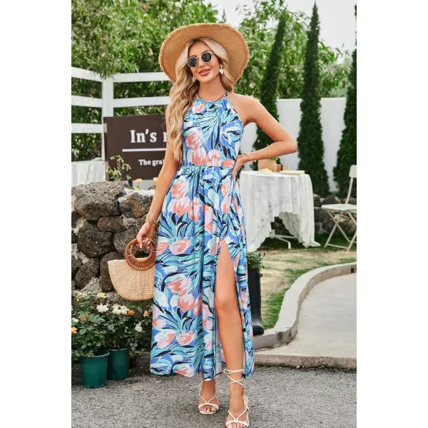 KILIG Women 2024 Summer Maxi Dress Casual Floral Halter Neck Beach Hawaiian Outfits Wedding Guest Dress
