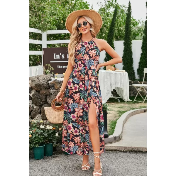 KILIG Women 2024 Summer Maxi Dress Casual Floral Halter Neck Beach Hawaiian Outfits Wedding Guest Dress