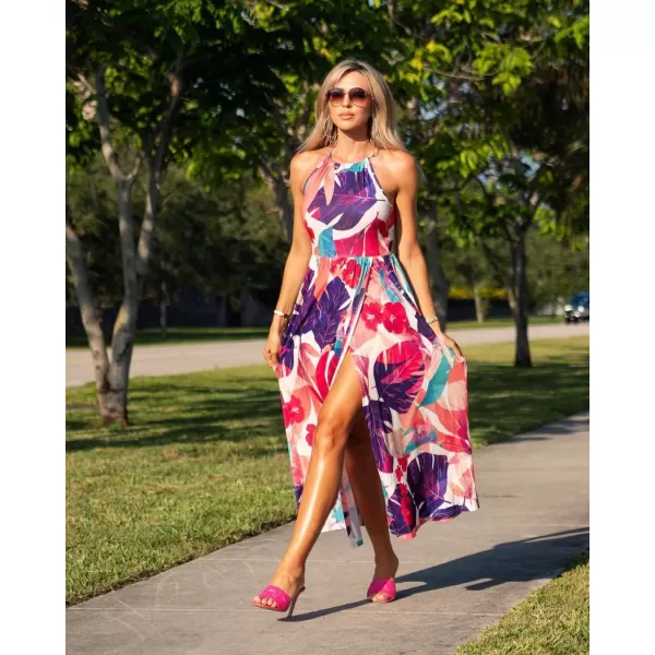 KILIG Women 2024 Summer Maxi Dress Casual Floral Halter Neck Beach Hawaiian Outfits Wedding Guest Dress