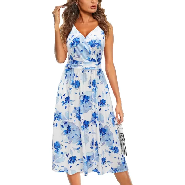 KILIG Women Summer Casual Spaghetti Strap Dresses V Neck Wrap Midi Swing Sundress with Pockets