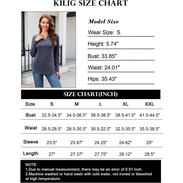 KILIG Womens 2024 Long Sleeve V-Neck Button Loose Casual Henley Tunic Tops T Shirt Fashion