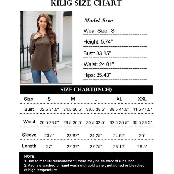 KILIG Womens 2024 Long Sleeve V-Neck Button Loose Casual Henley Tunic Tops T Shirt Fashion