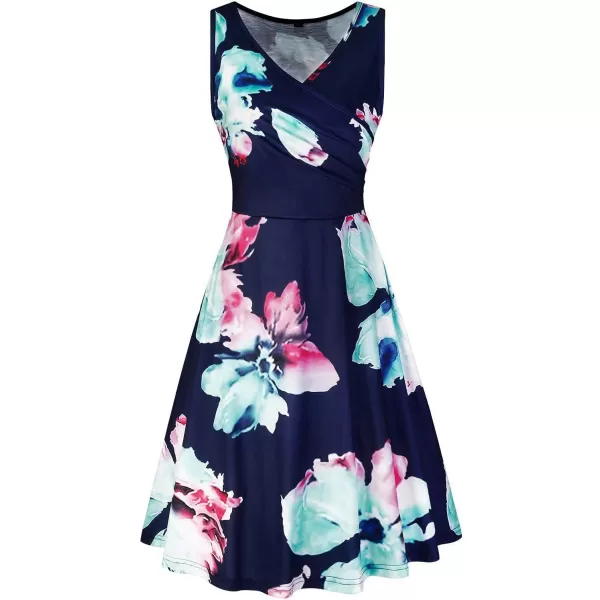 KILIG Women's Casual V Neck Floral Sundresses Aline Sleeveless Midi Summer Dress with Pocket
