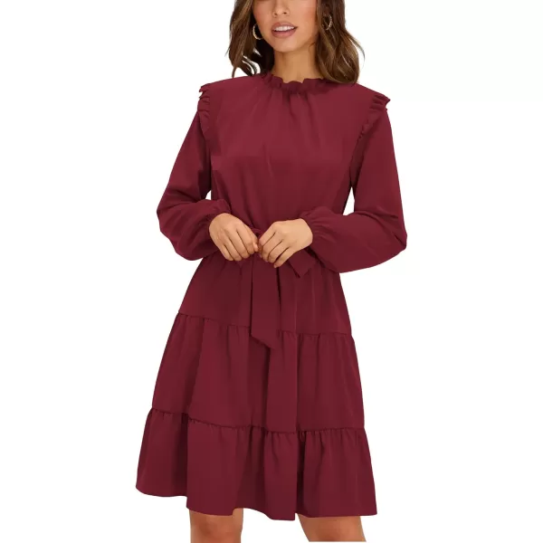 KILIG Women's Long Sleeve Ruffle Mock Neck Casual Short Mini Swing Dress with Belt