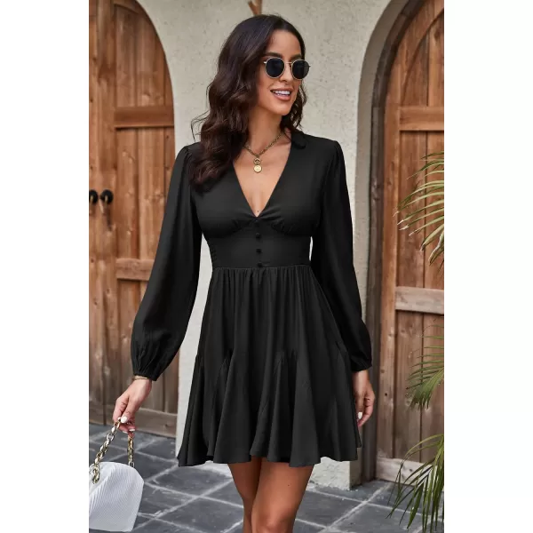 KILIG Women's Long Sleeve Ruffle Mock Neck Casual Short Mini Swing Dress with Belt