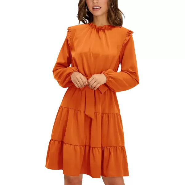KILIG Women's Long Sleeve Ruffle Mock Neck Casual Short Mini Swing Dress with Belt