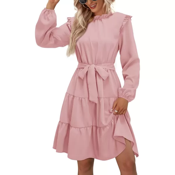 KILIG Women's Long Sleeve Ruffle Mock Neck Casual Short Mini Swing Dress with Belt