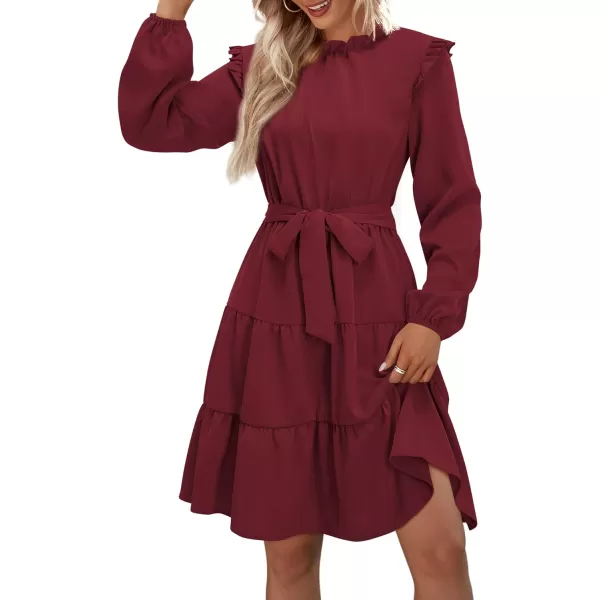 KILIG Women's Long Sleeve Ruffle Mock Neck Casual Short Mini Swing Dress with Belt