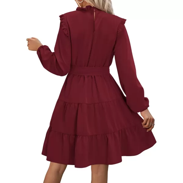KILIG Women's Long Sleeve Ruffle Mock Neck Casual Short Mini Swing Dress with Belt