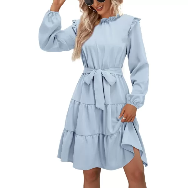 KILIG Women's Long Sleeve Ruffle Mock Neck Casual Short Mini Swing Dress with Belt