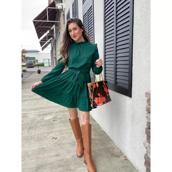 KILIG Women's Long Sleeve Ruffle Mock Neck Casual Short Mini Swing Dress with Belt