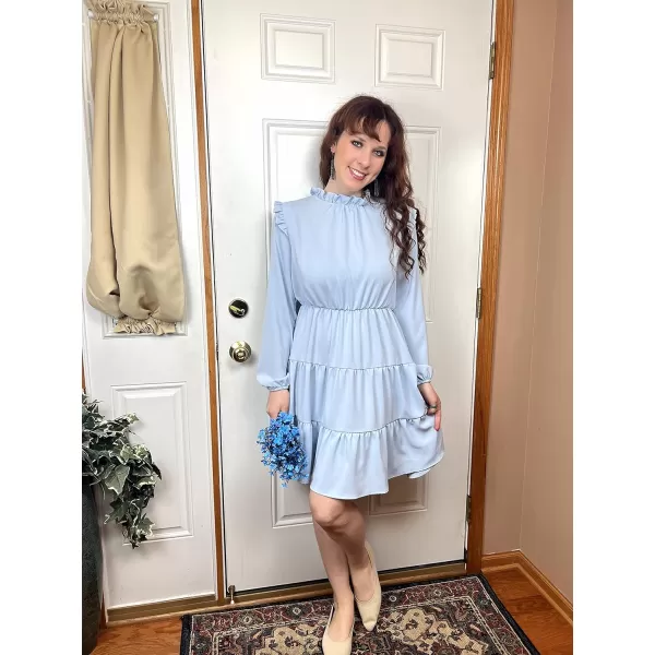 KILIG Women's Long Sleeve Ruffle Mock Neck Casual Short Mini Swing Dress with Belt