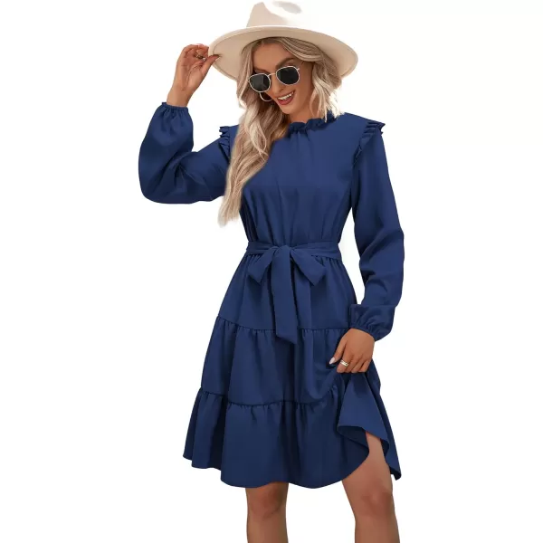 KILIG Women's Long Sleeve Ruffle Mock Neck Casual Short Mini Swing Dress with Belt