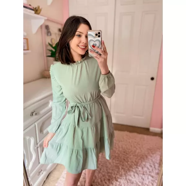 KILIG Women's Long Sleeve Ruffle Mock Neck Casual Short Mini Swing Dress with Belt