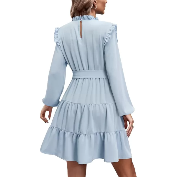 KILIG Women's Long Sleeve Ruffle Mock Neck Casual Short Mini Swing Dress with Belt