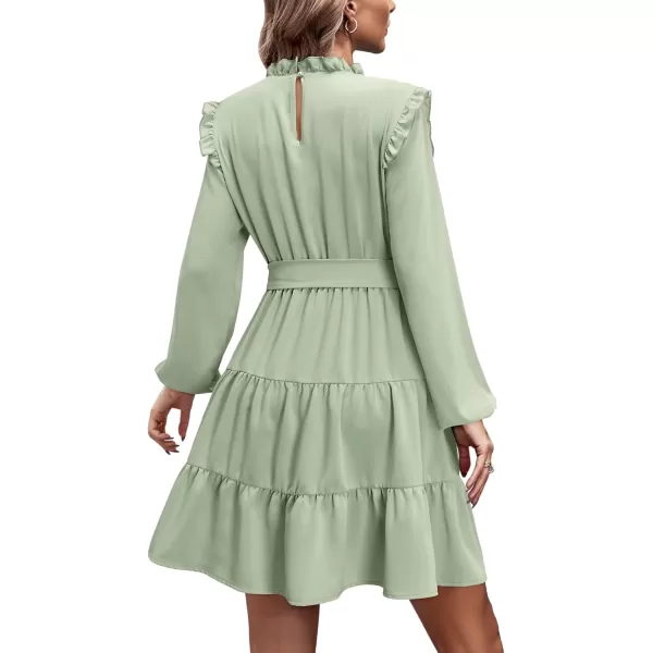 KILIG Women's Long Sleeve Ruffle Mock Neck Casual Short Mini Swing Dress with Belt