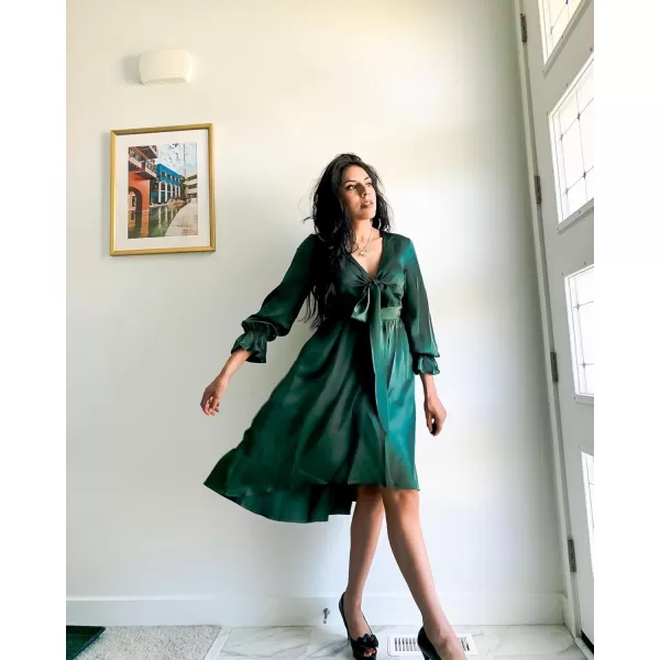 KILIG Women's Satin Sexy V Neck Tie Front Long Sleeve Winter Flowy A-Line Midi Cocktail Dresses for Party Wedding Guest 2022