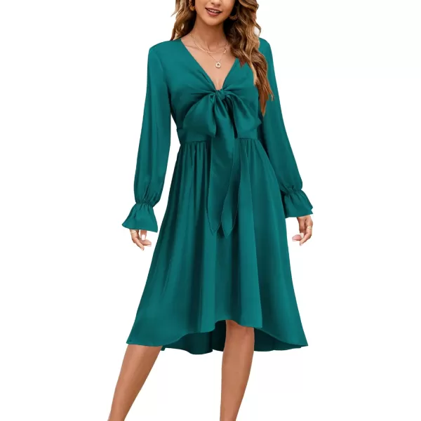 KILIG Women's Satin Sexy V Neck Tie Front Long Sleeve Winter Flowy A-Line Midi Cocktail Dresses for Party Wedding Guest 2022