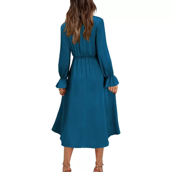 KILIG Women's Satin Sexy V Neck Tie Front Long Sleeve Winter Flowy A-Line Midi Cocktail Dresses for Party Wedding Guest 2022