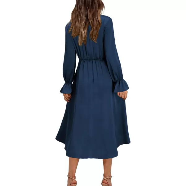 KILIG Women's Satin Sexy V Neck Tie Front Long Sleeve Winter Flowy A-Line Midi Cocktail Dresses for Party Wedding Guest 2022