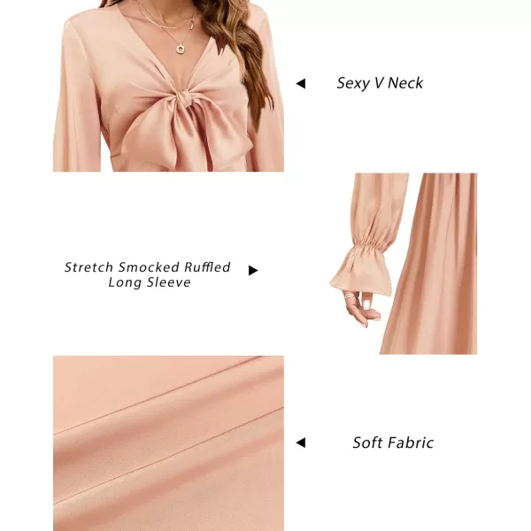 KILIG Women's Satin Sexy V Neck Tie Front Long Sleeve Winter Flowy A-Line Midi Cocktail Dresses for Party Wedding Guest 2022