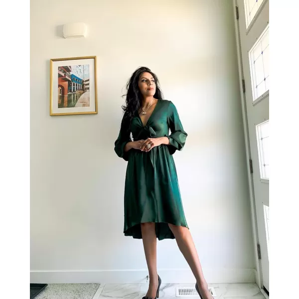 KILIG Women's Satin Sexy V Neck Tie Front Long Sleeve Winter Flowy A-Line Midi Cocktail Dresses for Party Wedding Guest 2022