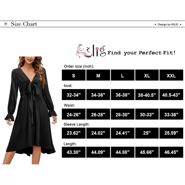 KILIG Women's Satin Sexy V Neck Tie Front Long Sleeve Winter Flowy A-Line Midi Cocktail Dresses for Party Wedding Guest 2022