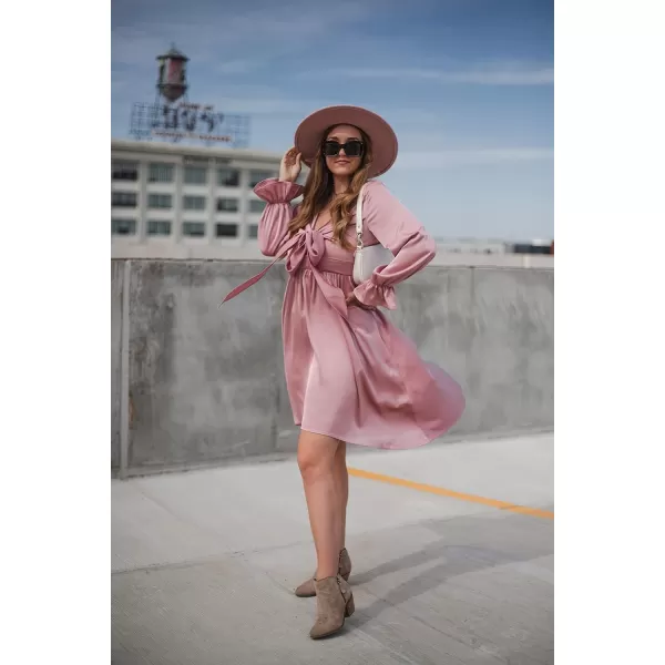 KILIG Women's Satin Sexy V Neck Tie Front Long Sleeve Winter Flowy A-Line Midi Cocktail Dresses for Party Wedding Guest 2022